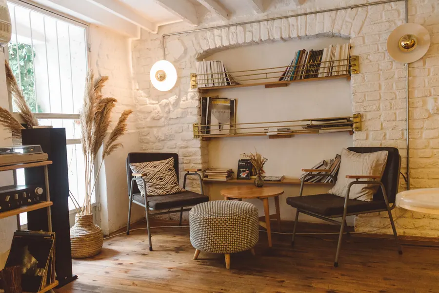 Interior of the studio, warm light through the window